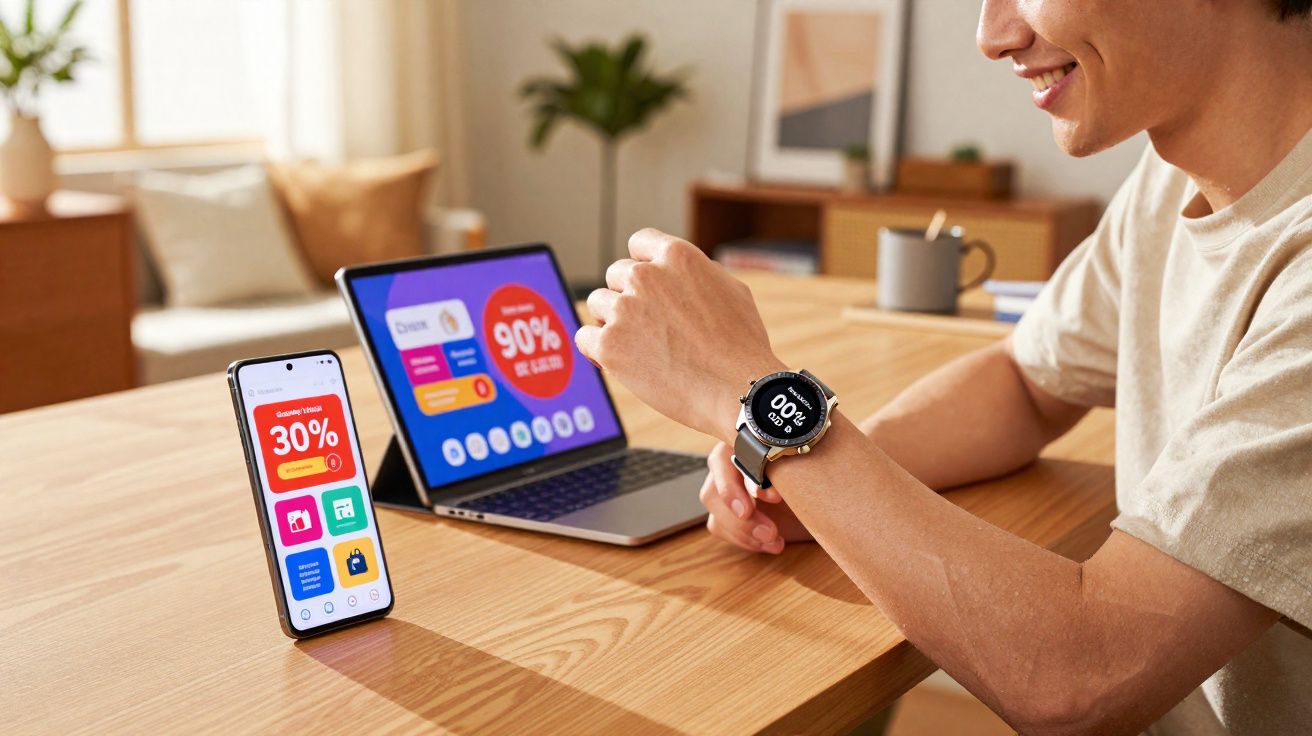 Pessoa sorrindo olhando relógio inteligente com smartphone e laptop exibindo gráficos coloridos sobre mesa de madeira.