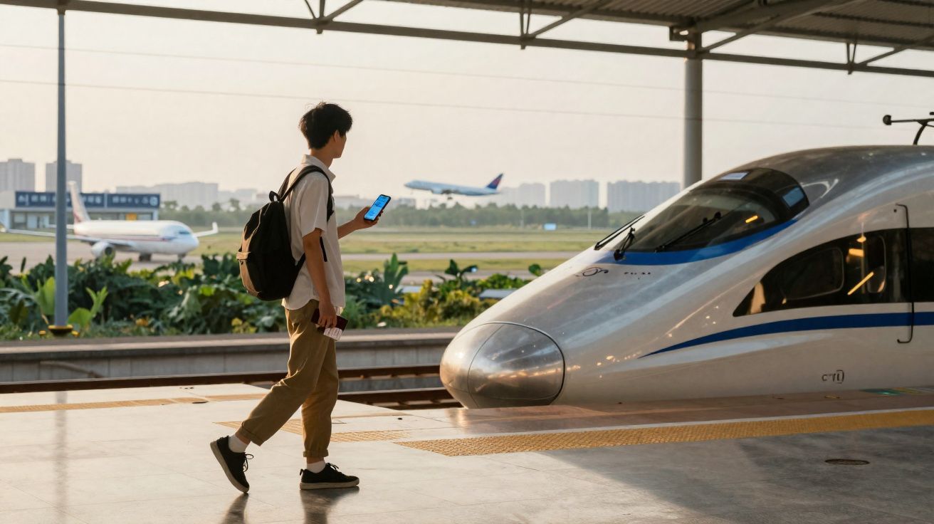 Homem com mochila e celular caminha na plataforma ao lado de trem bala, com avião decolando ao fundo.