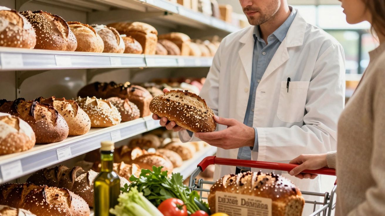 Homem com jaleco branco segurando pão em supermercado, com mulher ao lado e carrinho cheio de alimentos.