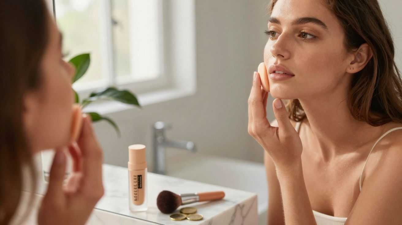 Mulher aplicando maquiagem com esponja, olhando para espelho em banheiro iluminado natural.