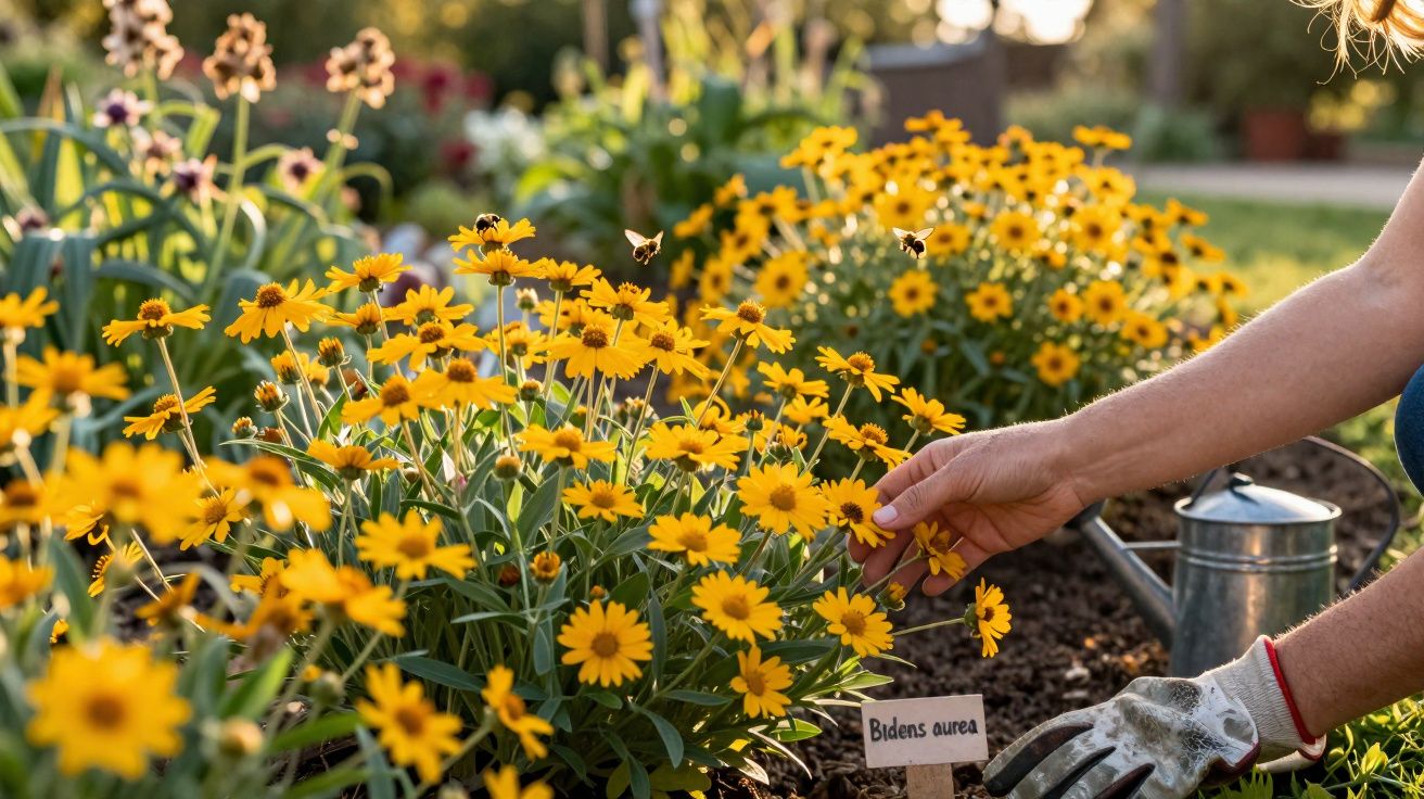 Pessoa cuidando de flores amarelas Bidens aurea em jardim ensolarado com regador ao fundo.
