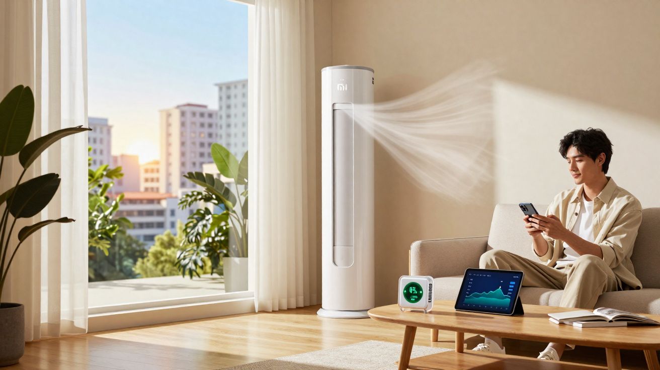 Homem usando controle remoto em sala iluminada com ar-condicionado moderno e plantas perto da janela.