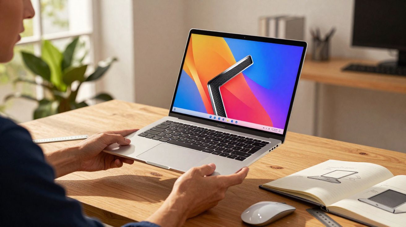 Pessoa segurando notebook aberto com tela colorida ao lado de mouse e caderno em mesa de madeira.