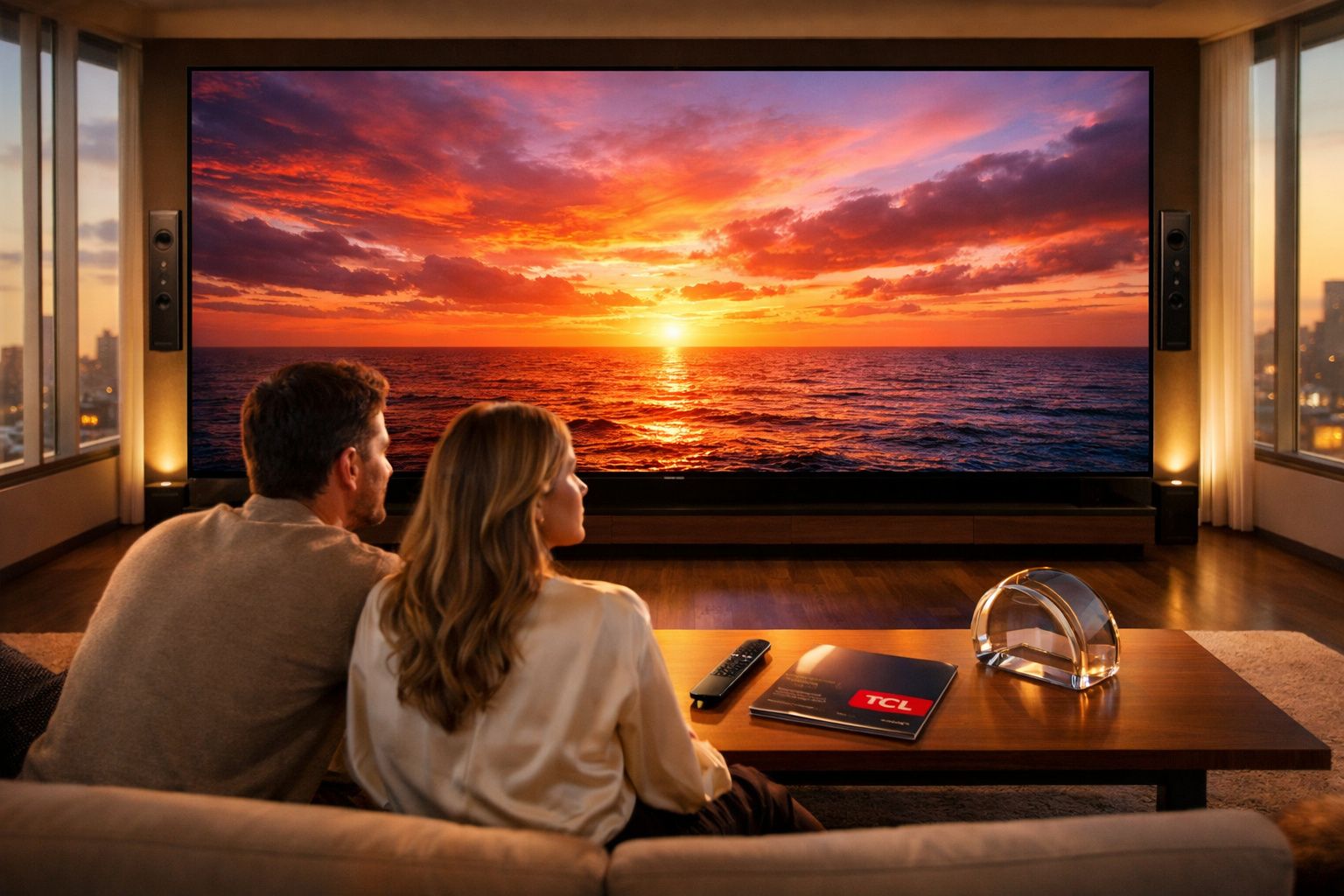 Casal sentado no sofá assistindo a um pôr do sol no mar em uma grande TV na sala moderna.