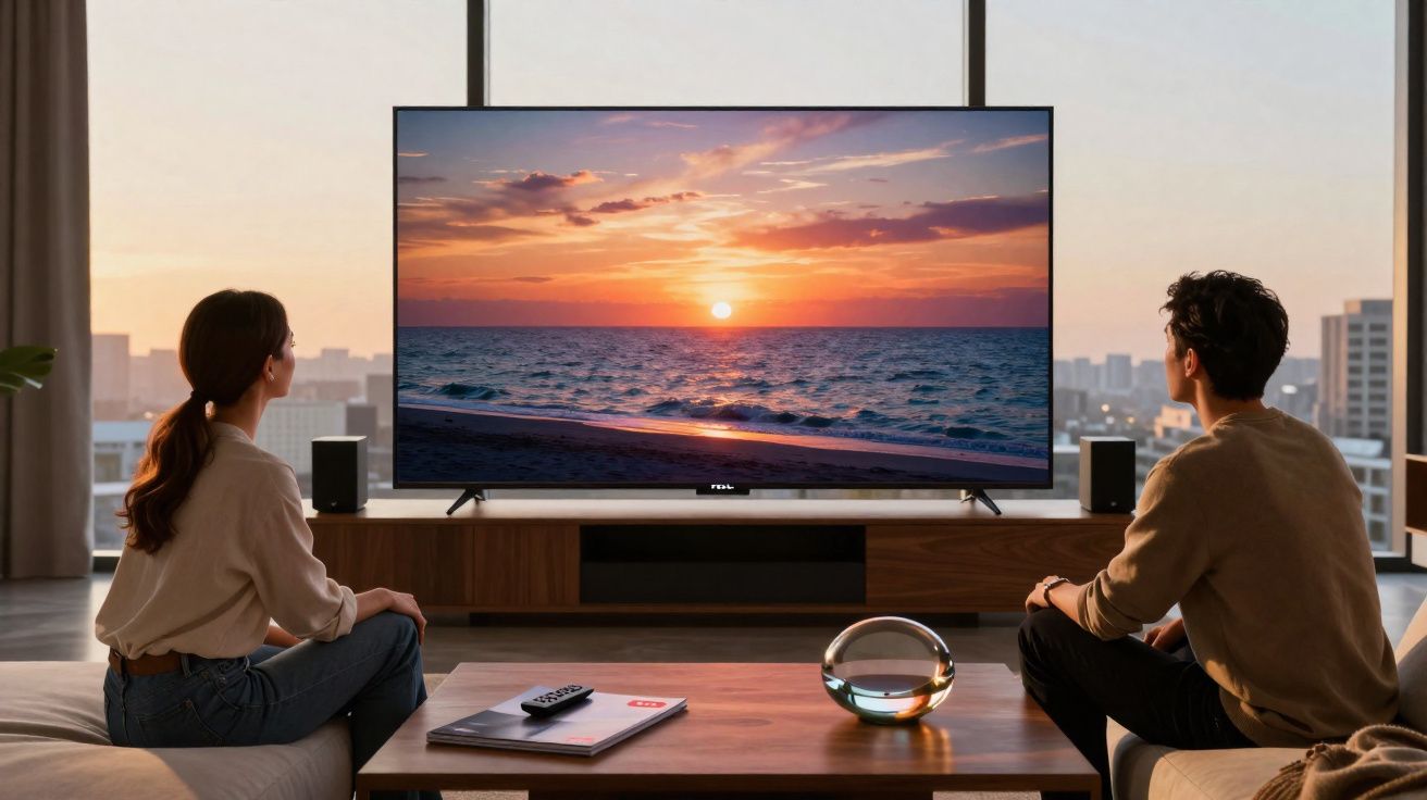 Casal sentado em sala moderna assistindo ao pôr do sol na televisão diante de janela grande.