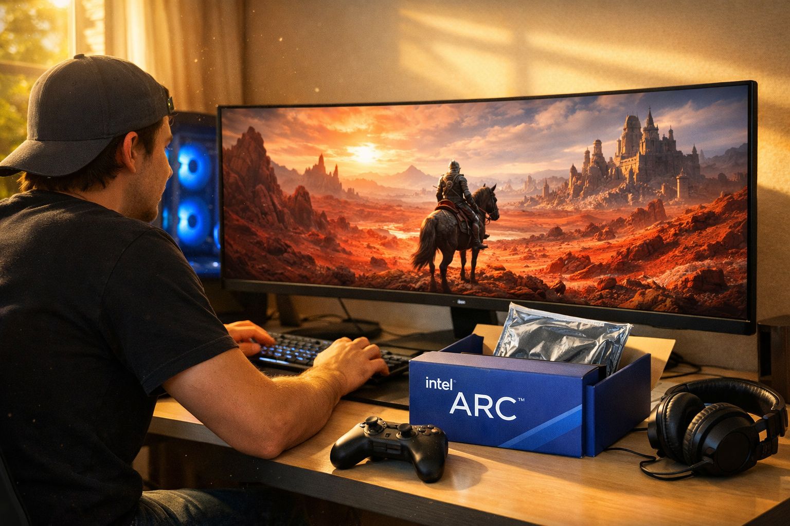 Homem jogando em monitor ultrawide com paisagem de game, caixa Intel ARC e acessórios sobre a mesa.