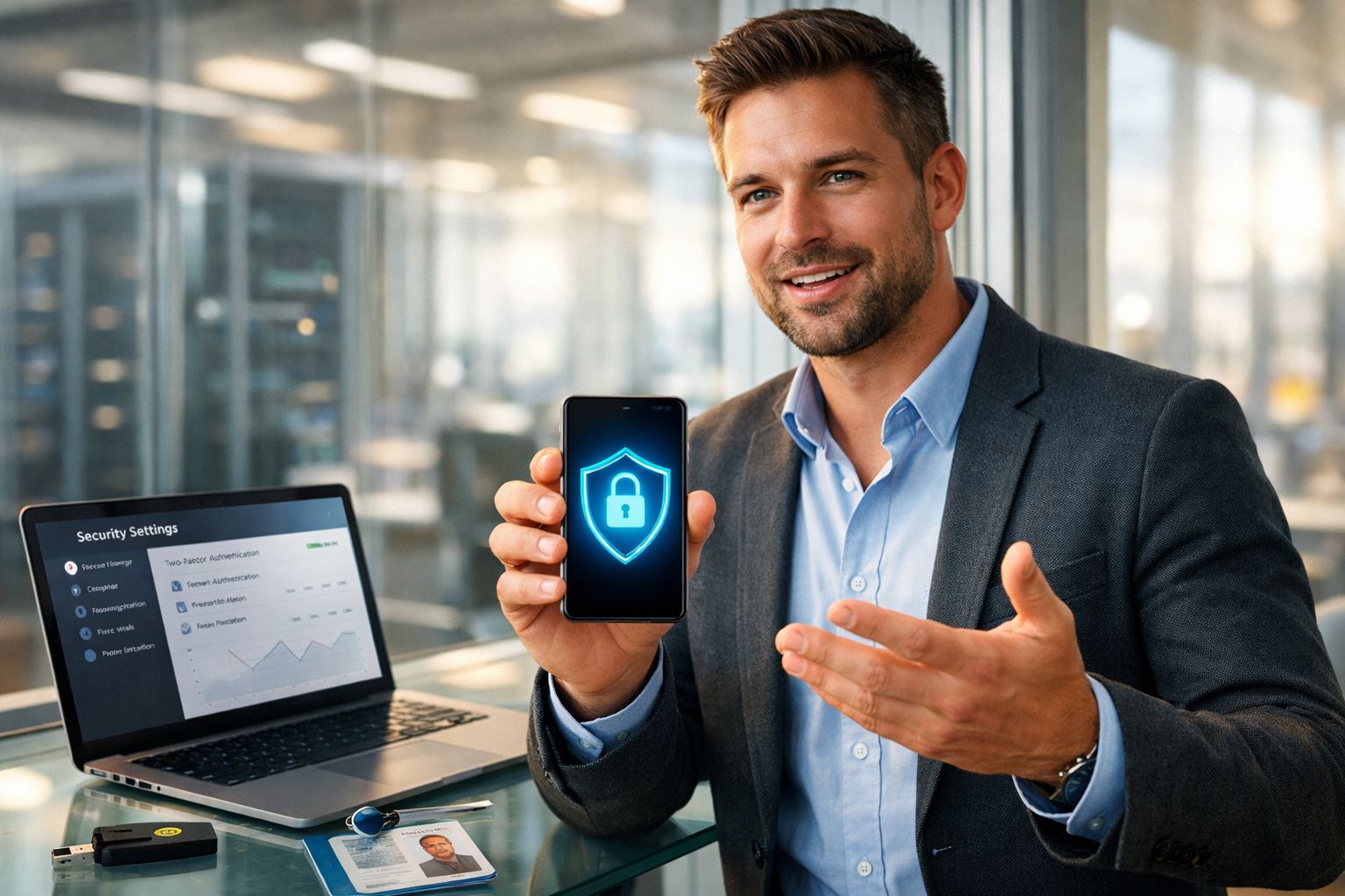 Homem em terno mostrando celular com símbolo de cadeado e tela de configurações de segurança no laptop.