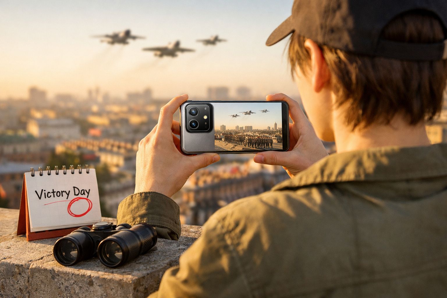 Pessoa tirando foto de desfile militar com avião voando, calendário marcando Victory Day e binóculos na mesa.