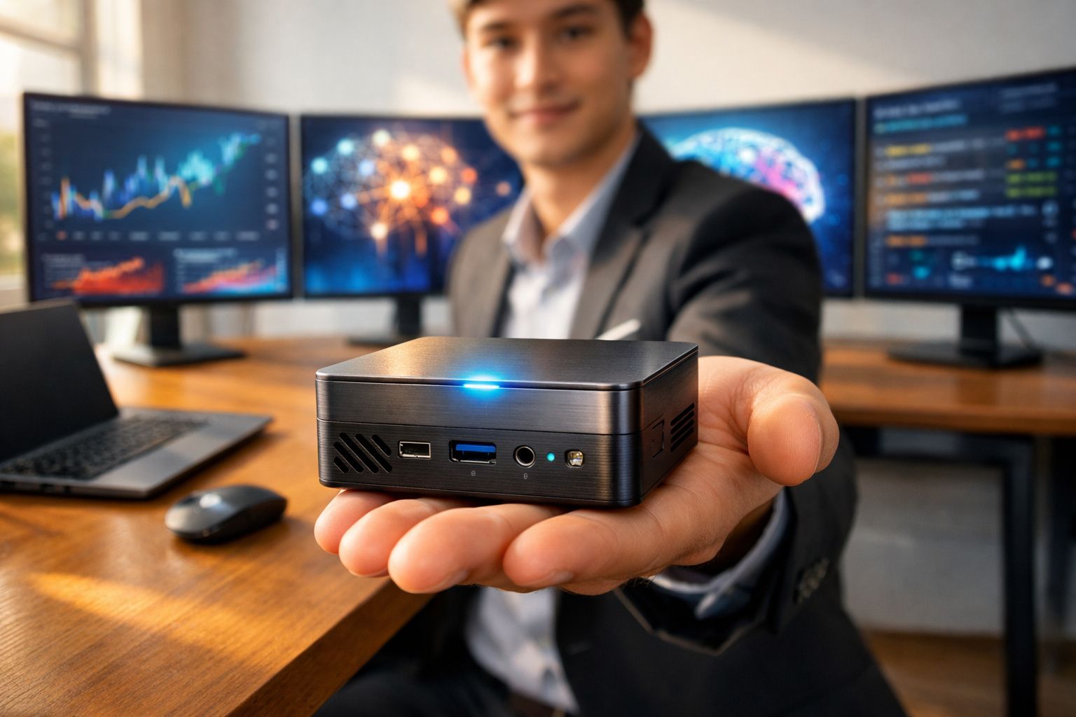 Homem de terno segura mini computador preto com luz azul acesa em escritório com telas e notebook ao fundo.