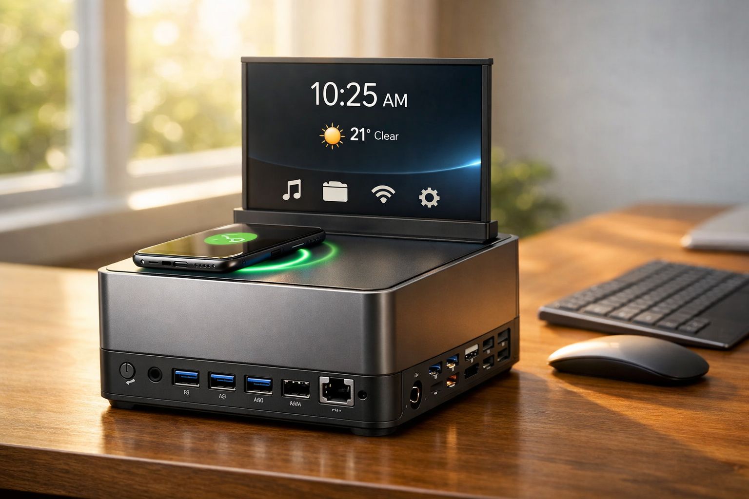 Computador compacto com tela retrátil mostrando hora, temperatura e ícones, carregando celular por indução.