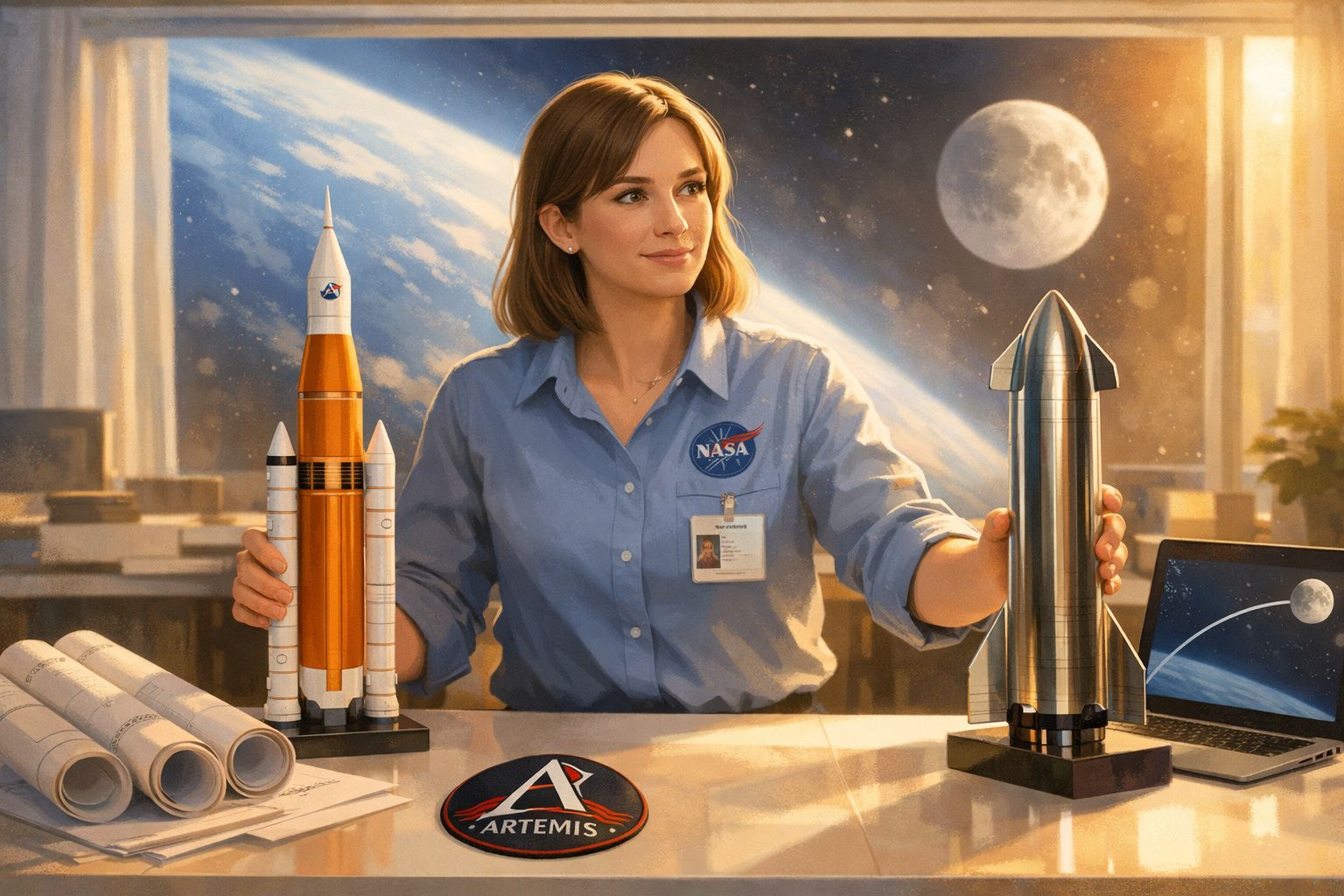 Mulher com uniforme da NASA segurando modelos de foguetes em mesa com fundo espacial e Lua ao fundo.