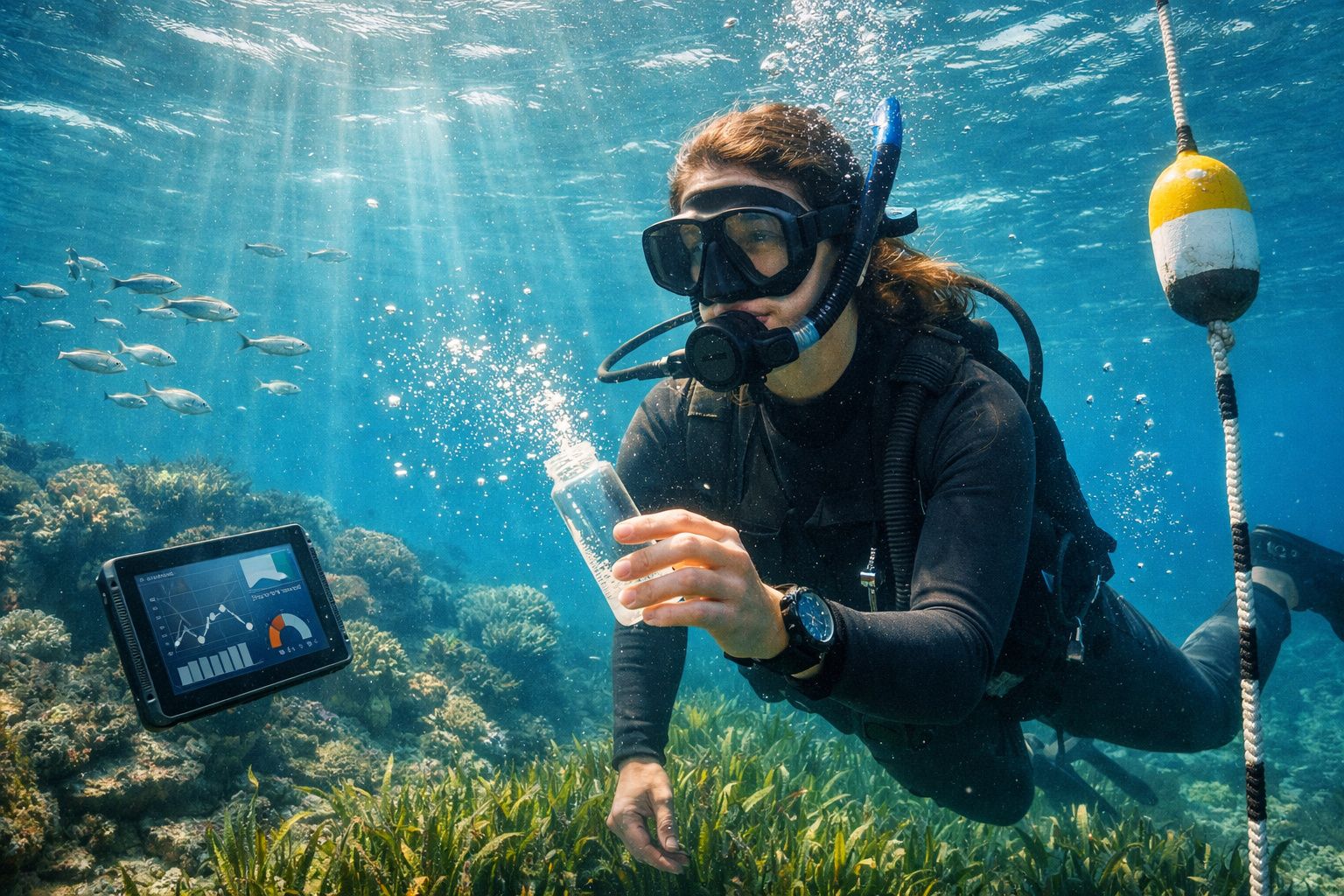 Mergulhadora coleta amostra d’água no fundo do mar com tablet flutuante exibindo dados ao lado.