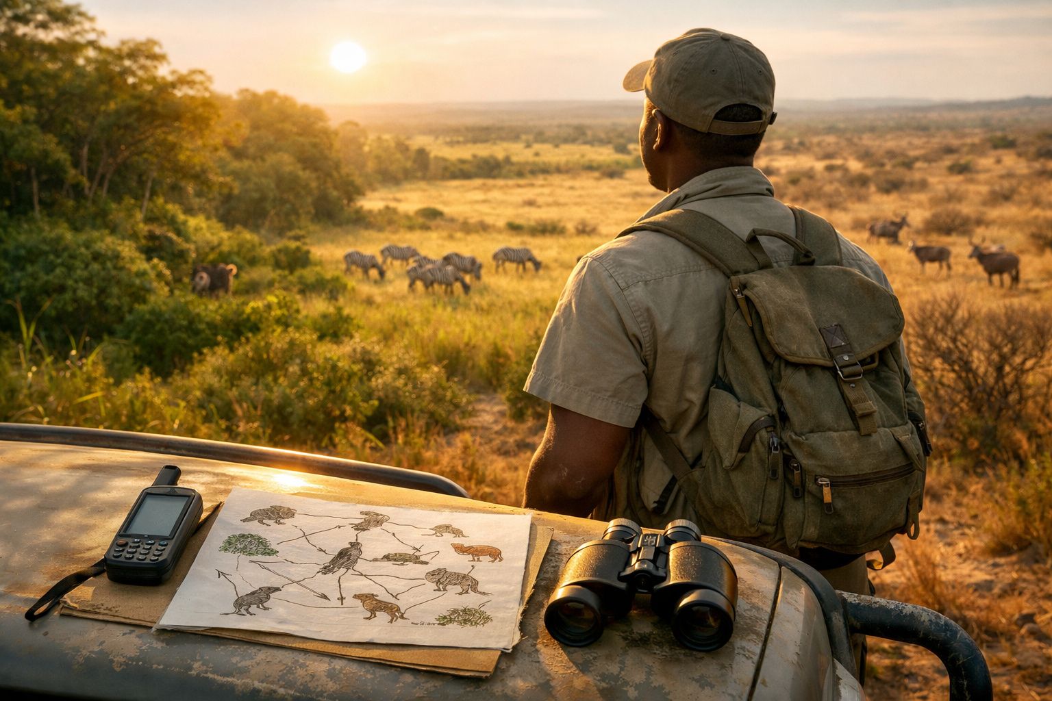 Guia de safári observa zebras e búfalos no pôr do sol com binóculos e mapa sobre o capô do carro.