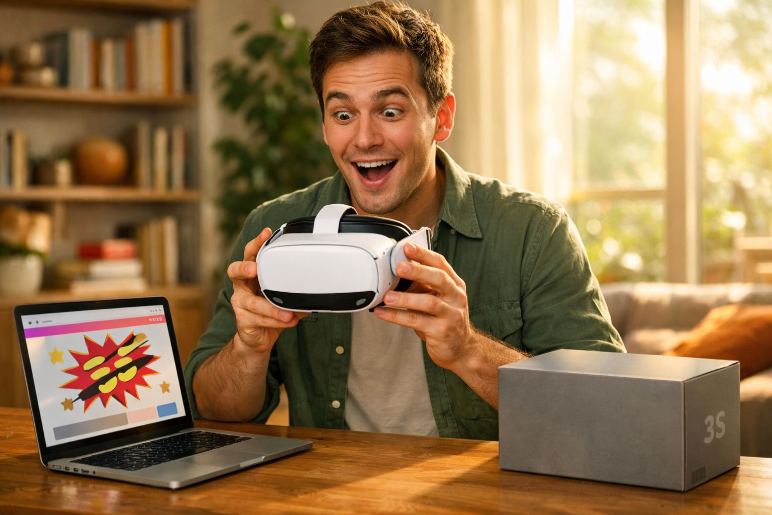 Homem sorridente segurando óculos de realidade virtual em mesa com notebook aberto e caixa cinza.