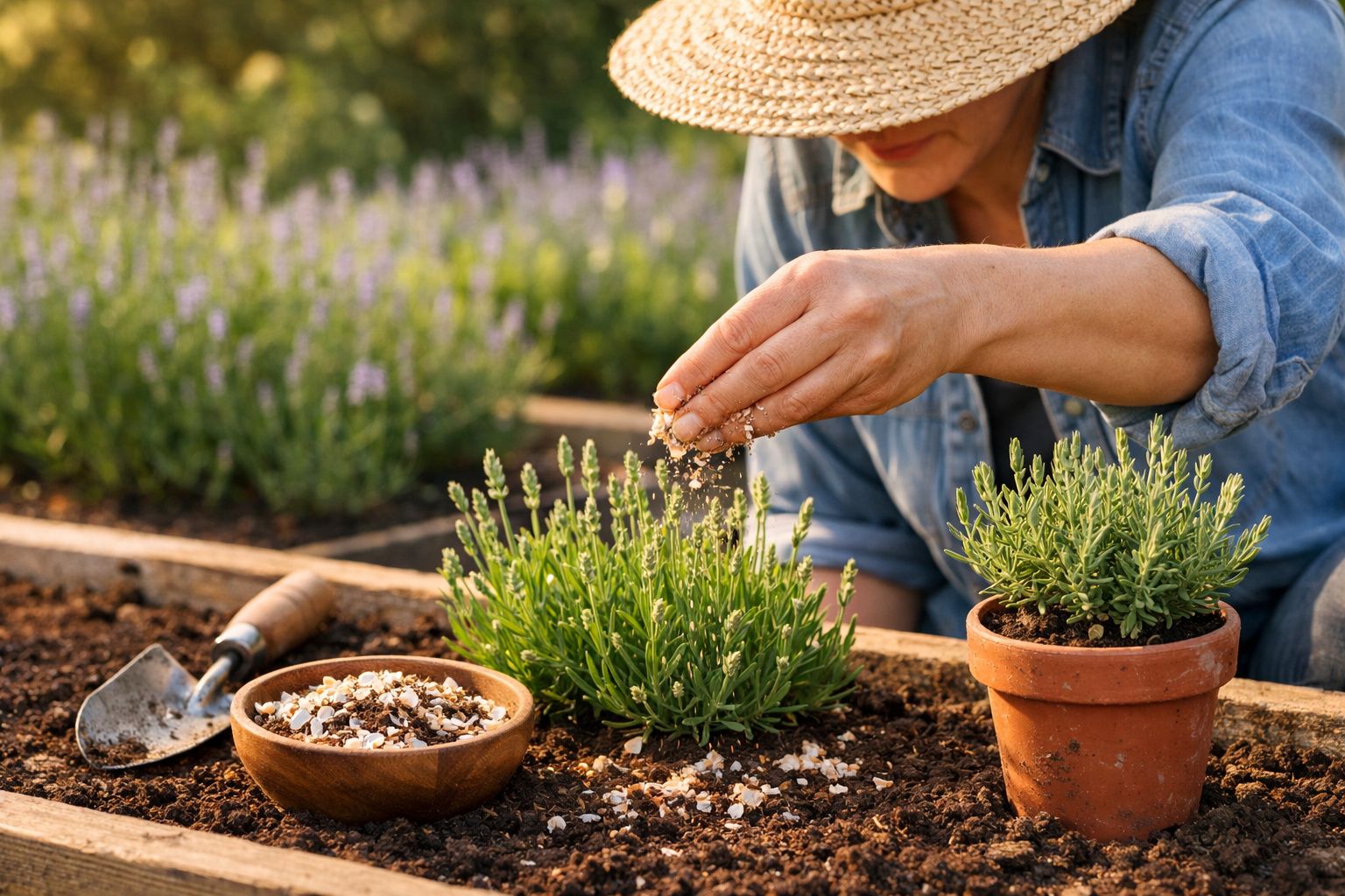 Pessoa aplicando adubo em planta de lavanda em canteiro, com pá e vaso ao lado.