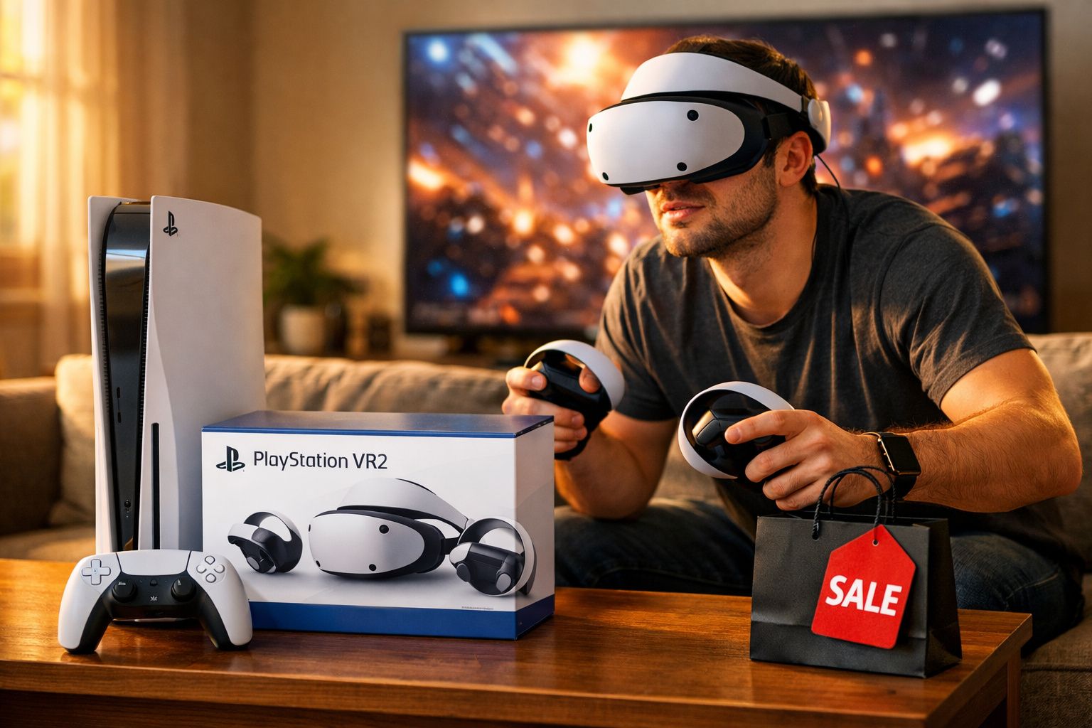 Homem usando headset PlayStation VR2 e controles, perto de caixa, console PlayStation 5 e sacola de promoção.