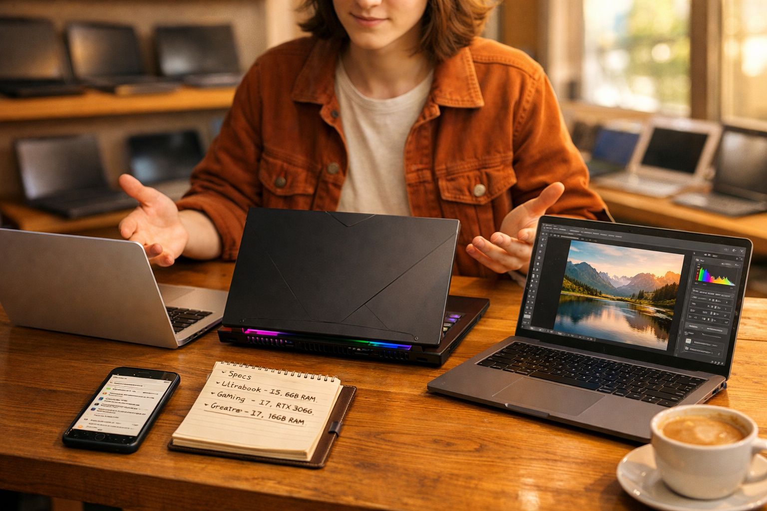 Pessoa sentada à mesa com dois laptops, um celular, bloco de notas e xícara de café em ambiente iluminado.