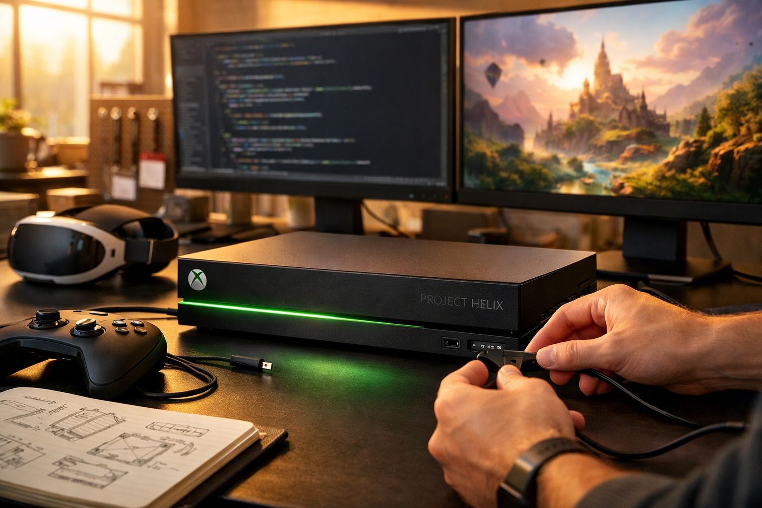 Console Project Helix com luz verde ligada, controles, headset VR e duas telas, uma exibindo código e outra jogo.