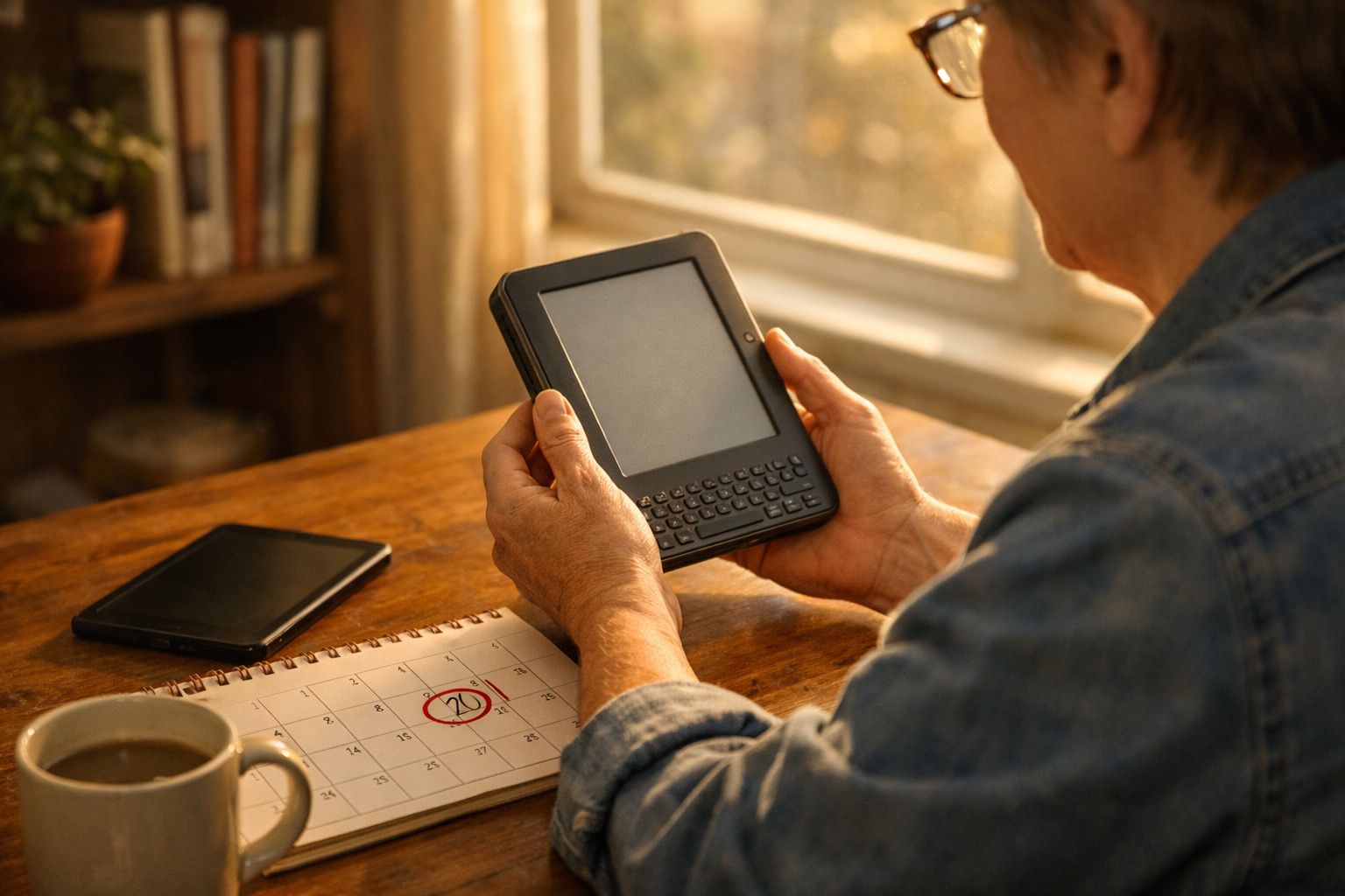 Pessoa idosa segurando um leitor de e-books com calendário, café e tablet sobre uma mesa de madeira.