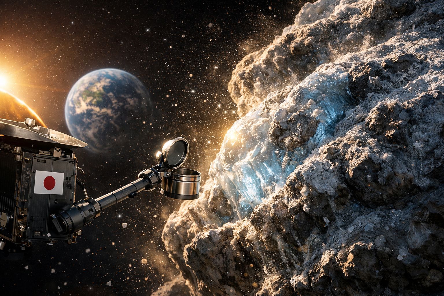 Sonda japonesa coletando amostra em asteroide com a Terra e o Sol ao fundo no espaço sideral.