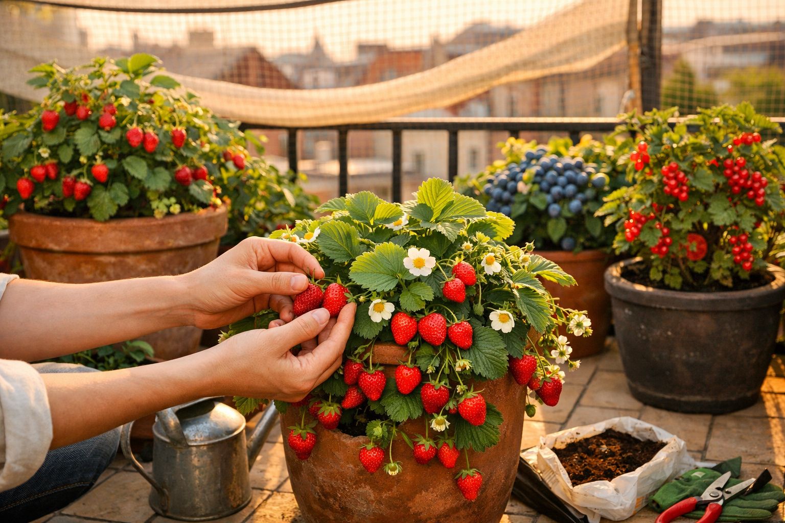 Mãos colhendo morangos vermelhos maduros em vaso com outras plantas frutíferas em varanda ensolarada.