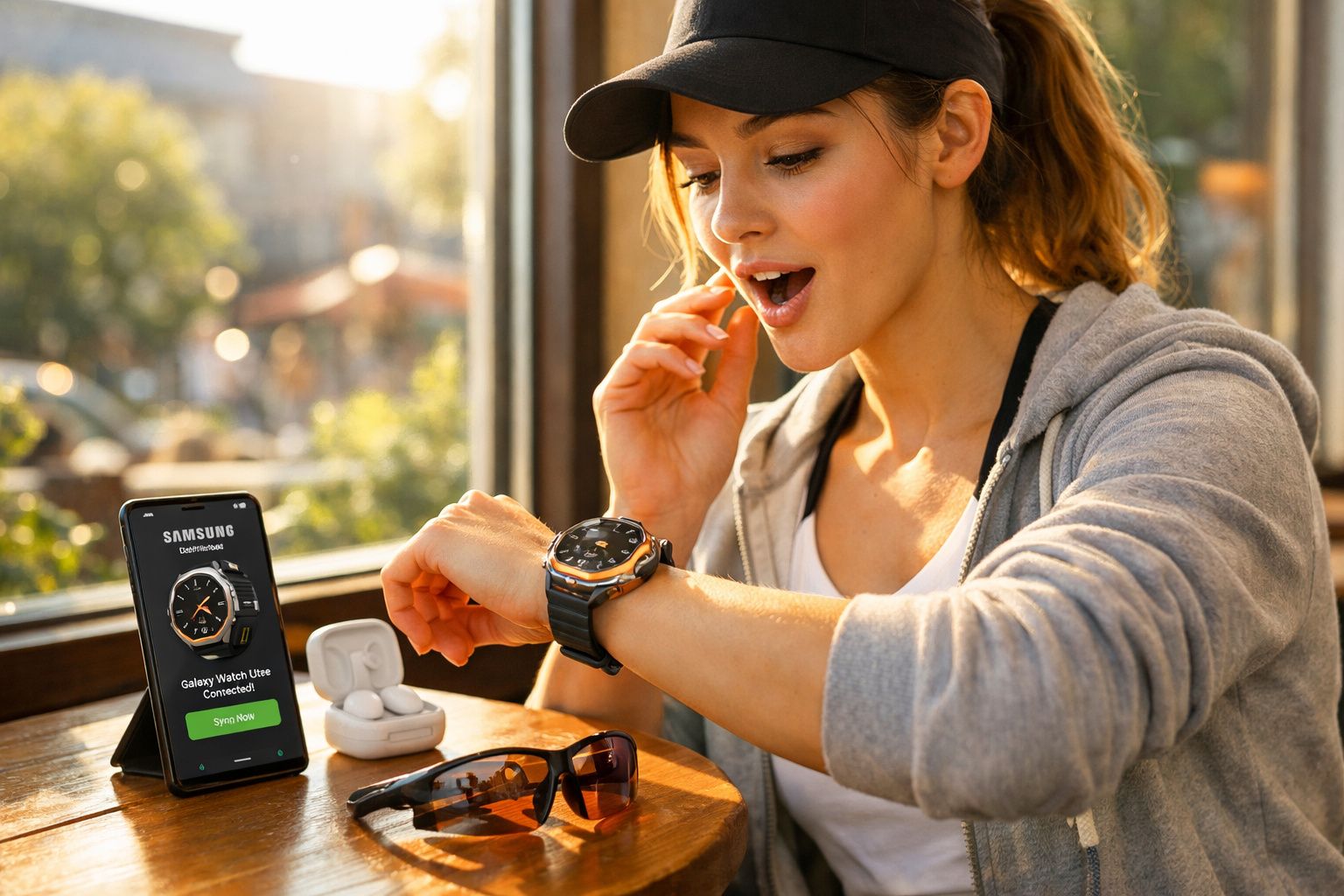 Mulher sorrindo ajusta relógio inteligente enquanto sincroniza com celular Samsung na mesa em ambiente iluminado.