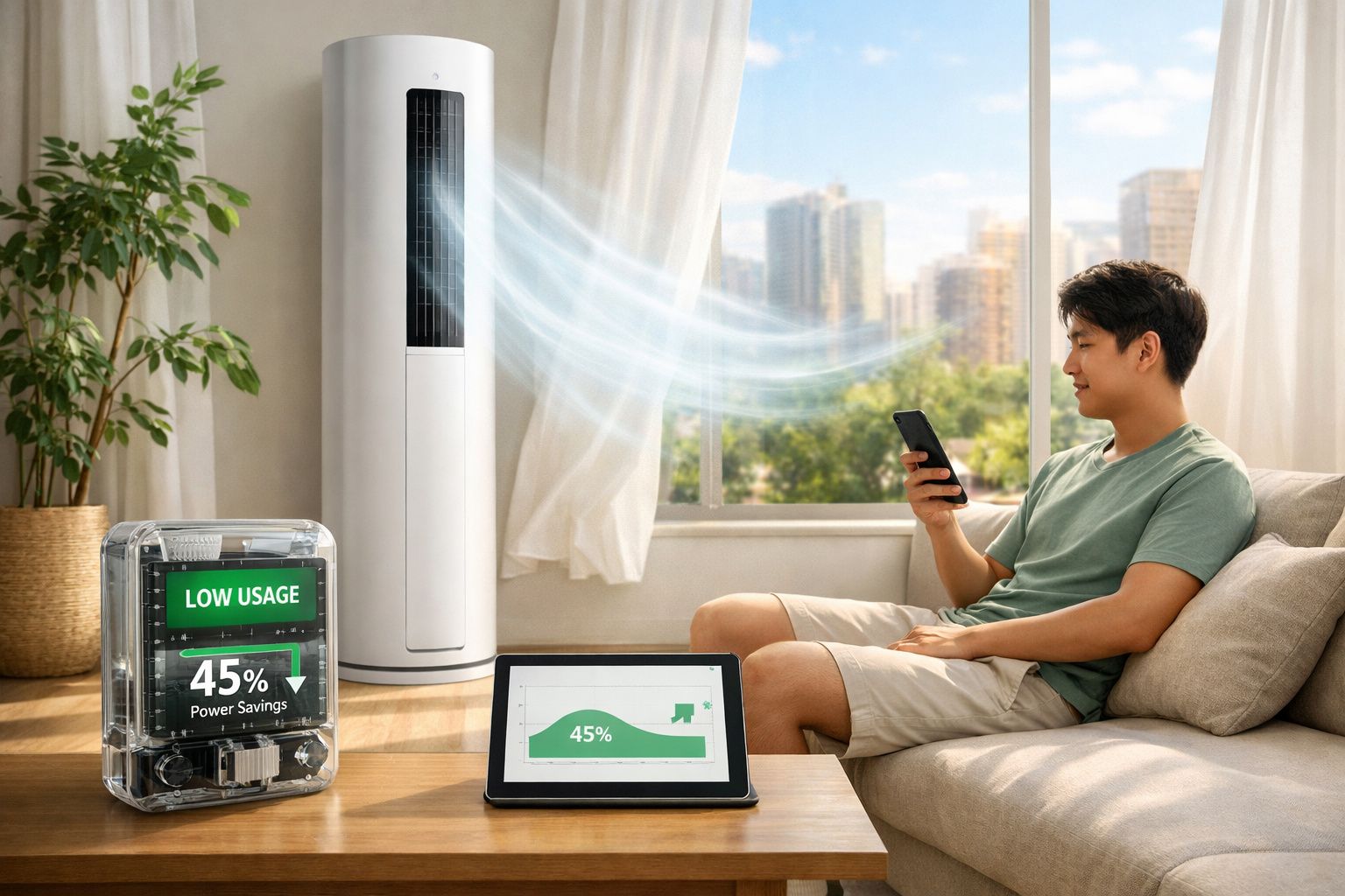 Homem sentado no sofá controlando ar condicionado eficiente via celular com gráficos de economia de energia na mesa.
