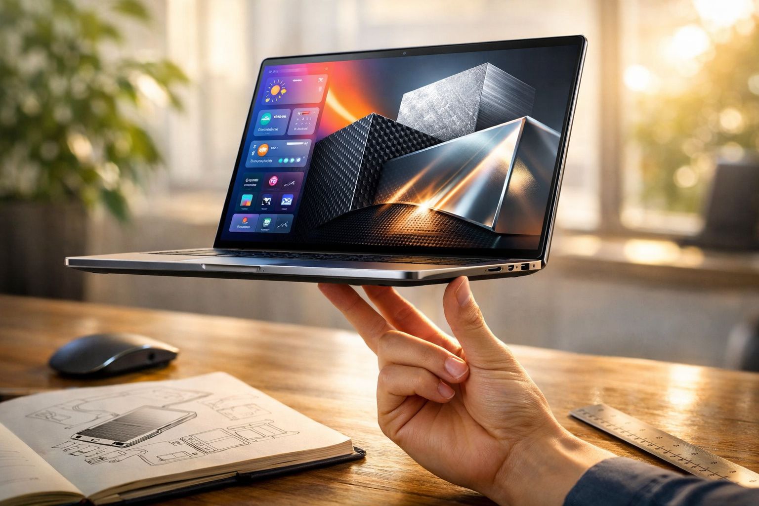 Pessoa segurando notebook moderno com design arquitetônico na tela sobre a mão em ambiente de trabalho.