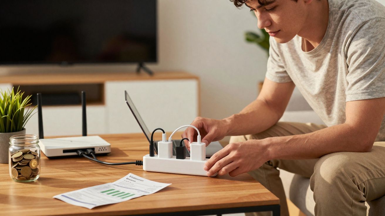 Jovem conecta dispositivos em régua de energia sobre mesa com documentos, roteador e pote com moedas.
