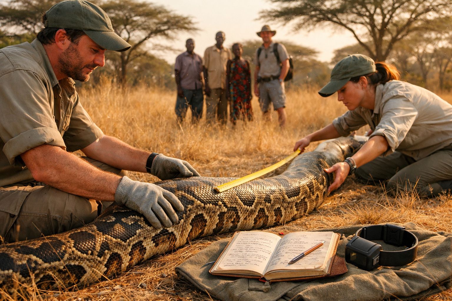 Dois pesquisadores medem uma grande píton enquanto três pessoas observam ao fundo na savana.