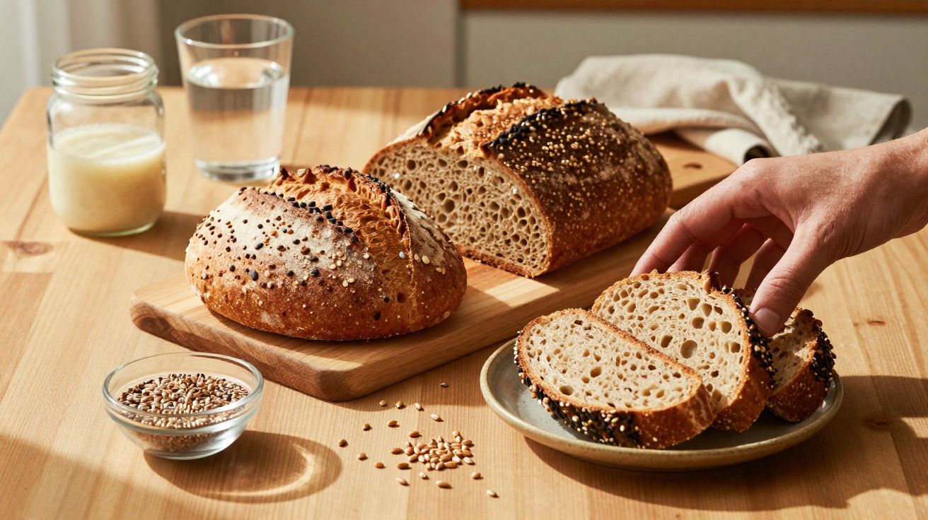 Pão integral com sementes cortado em fatias em um prato, ao lado de copo de água e pote com leite.