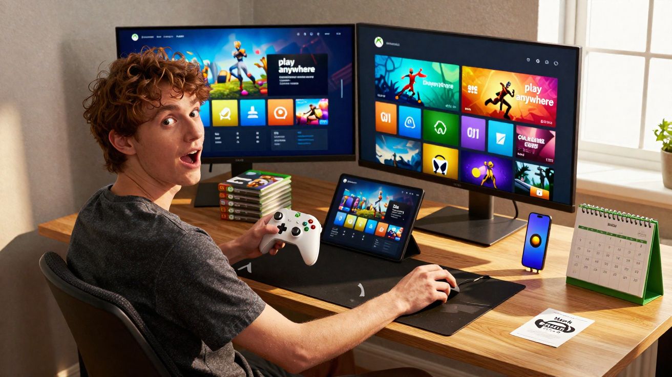 Jovem usando controle Xbox em setup com dois monitores, tablet e celular mostrando interface da Xbox Store.