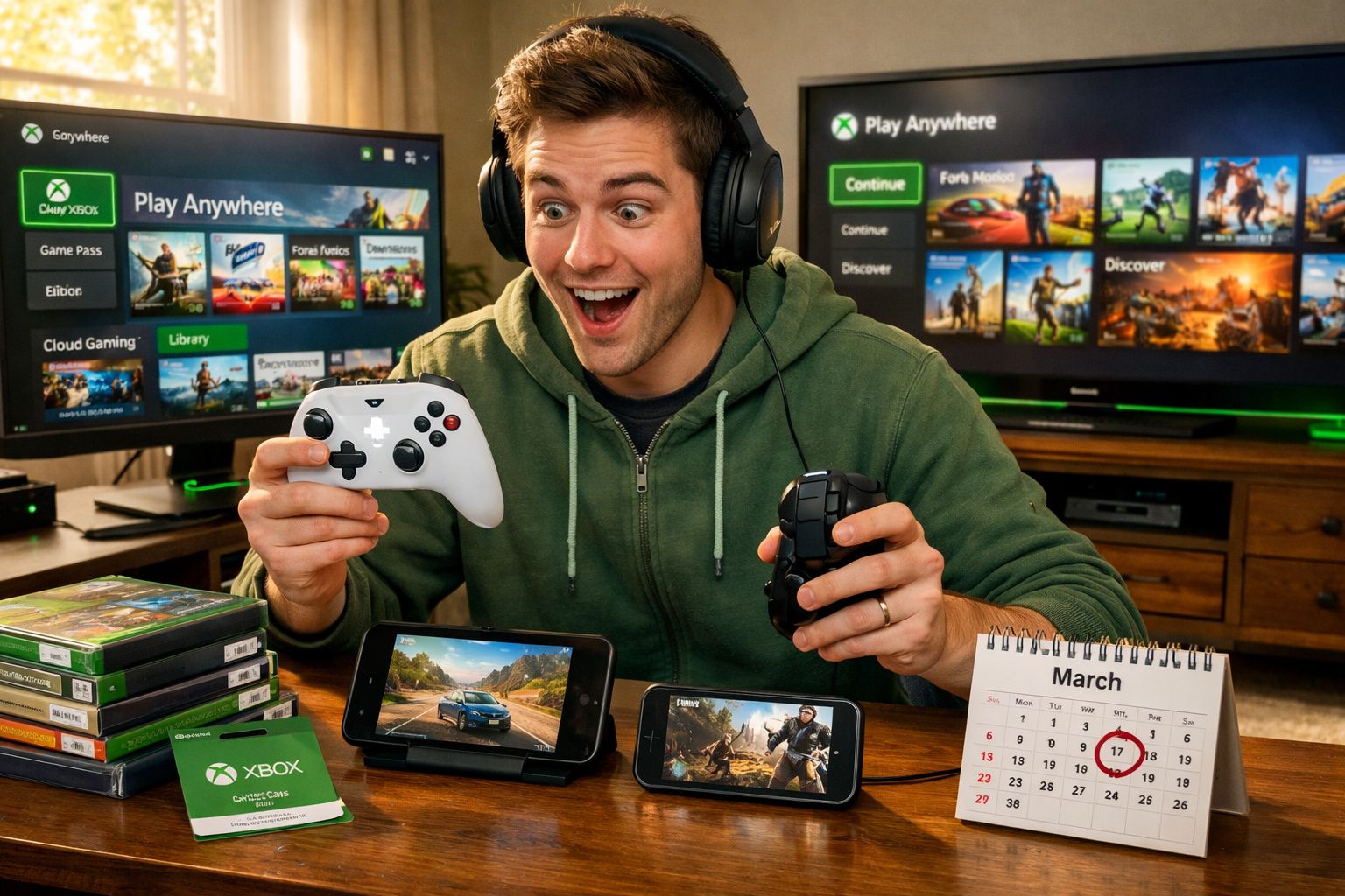 Homem com fone de ouvido segura controles de videogame Xbox com jogos em TVs e celulares ao fundo.