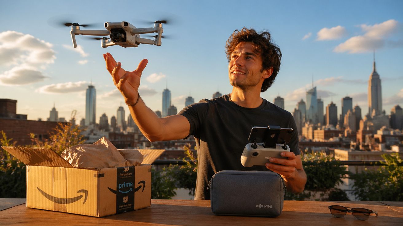 Homem operando drone DJI com controle remoto, ao ar livre, com caixa da Amazon e skyline ao fundo.