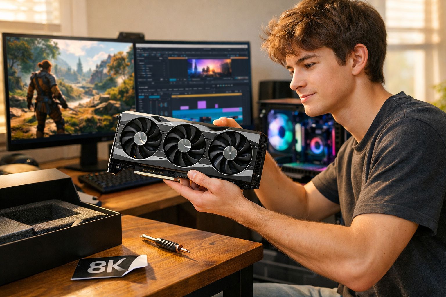Jovem segurando placa de vídeo para computador, com dois monitores ligados ao fundo, em ambiente doméstico.