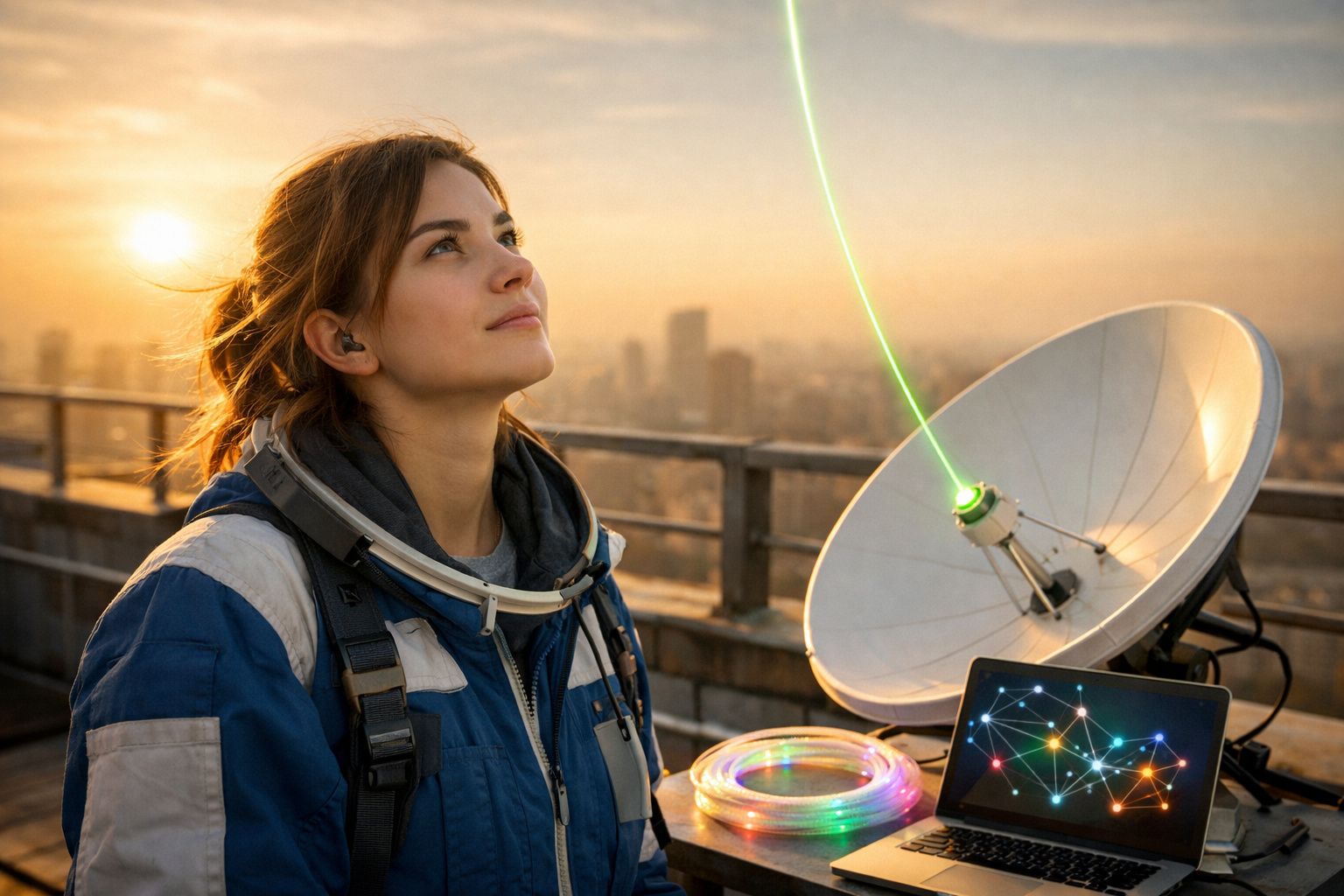 Mulher com roupa técnica observa o céu ao pôr do sol ao lado de antena parabólica e tablet com gráficos digitais.