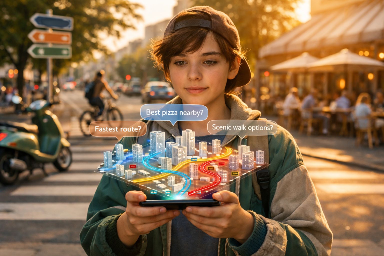 Jovem usando smartphone com projeção holográfica de mapa urbano com rotas e indicações turísticas.