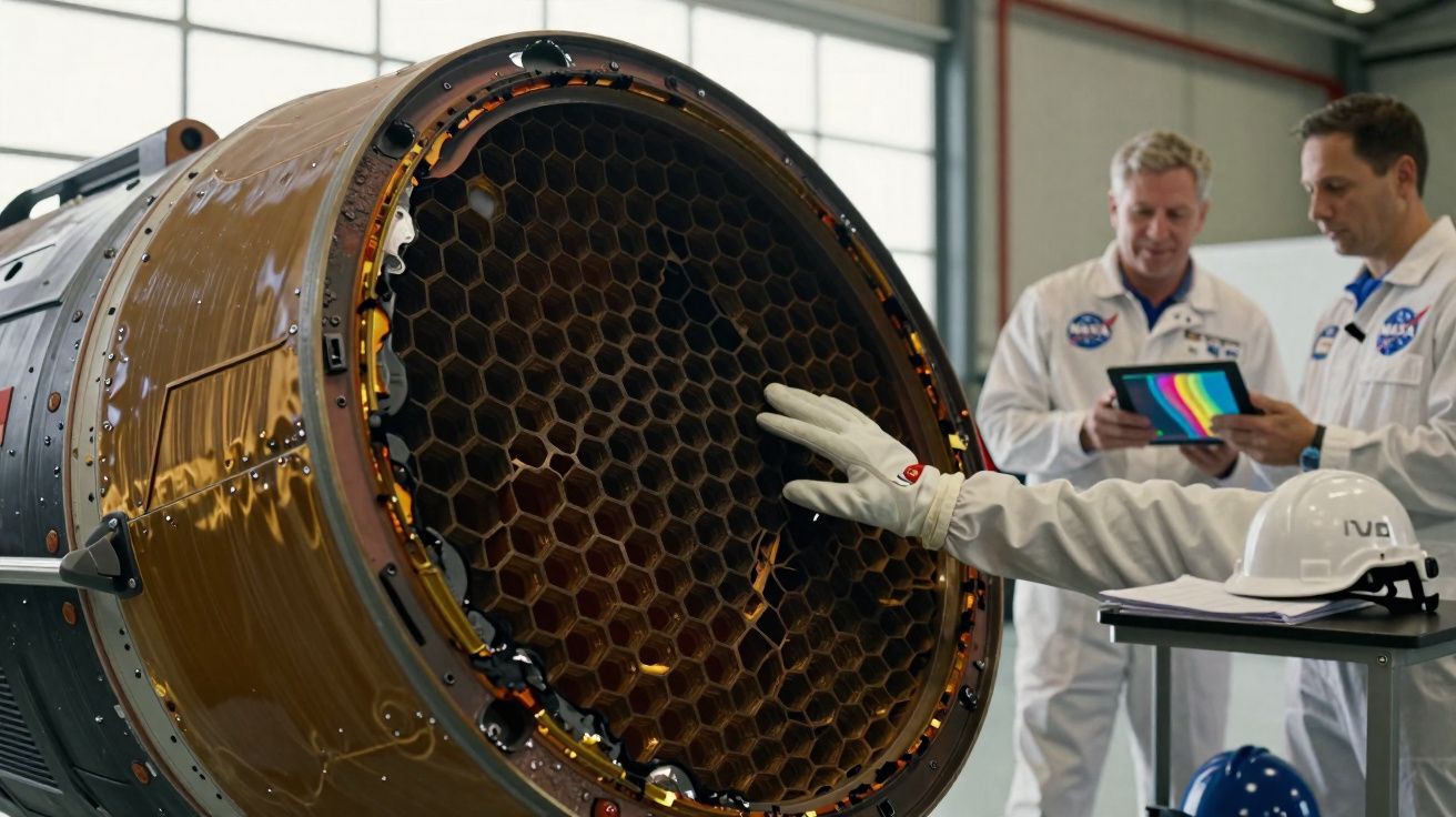 Engenheiro com luva branca toca componente hexagonal de aparelho espacial enquanto outros dois observam.