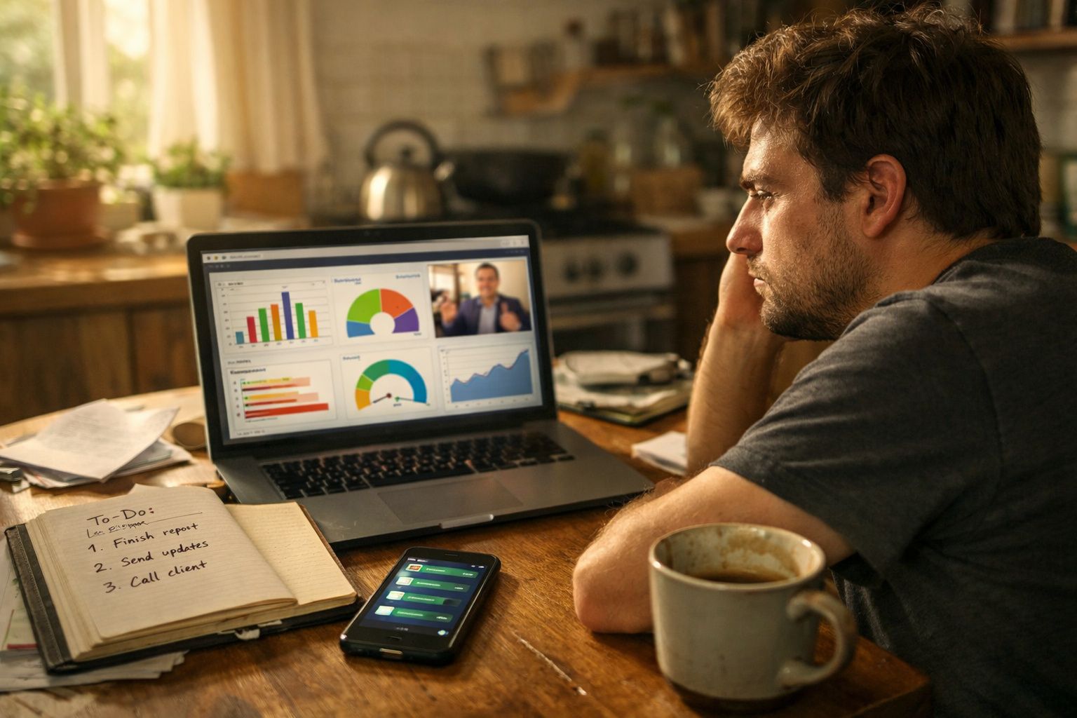 Homem sentado à mesa com laptop mostrando gráficos, celular, caderno de anotações e caneca de café.