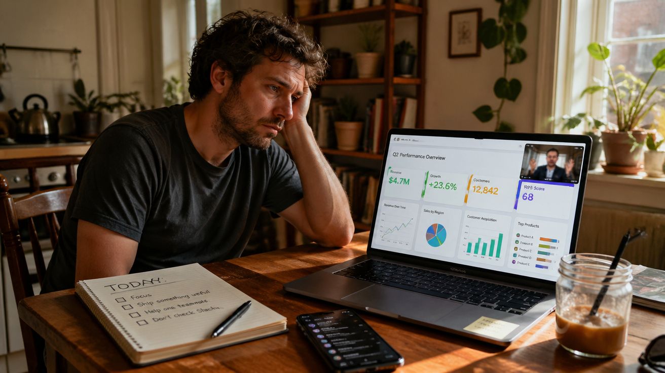 Homem pensativo em videoconferência de trabalho analisando gráficos e anotações em mesa com café e celular.