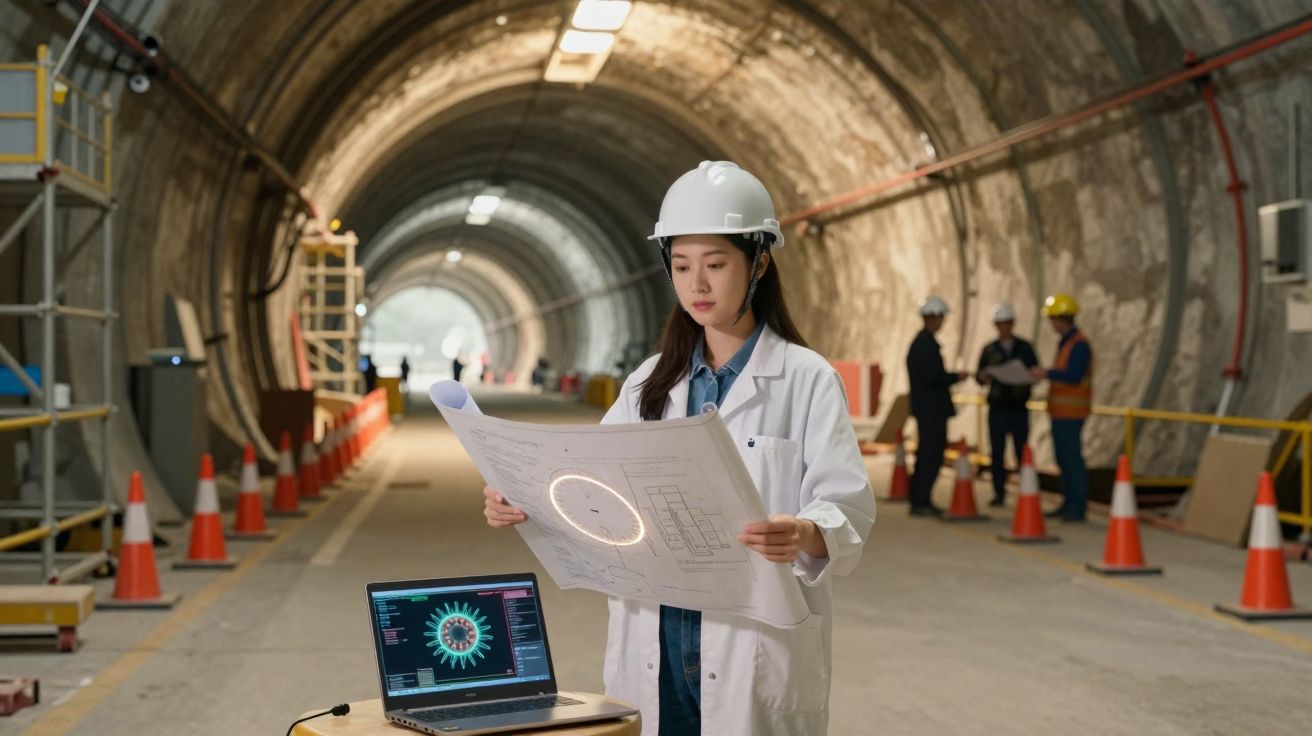 Mulher com capacete e jaleco analisando planta em túnel de construção, com laptop e trabalhadores ao fundo.