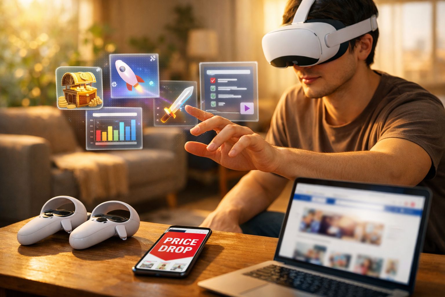 Jovem usando óculos de realidade virtual interage com hologramas de jogo em ambiente doméstico.