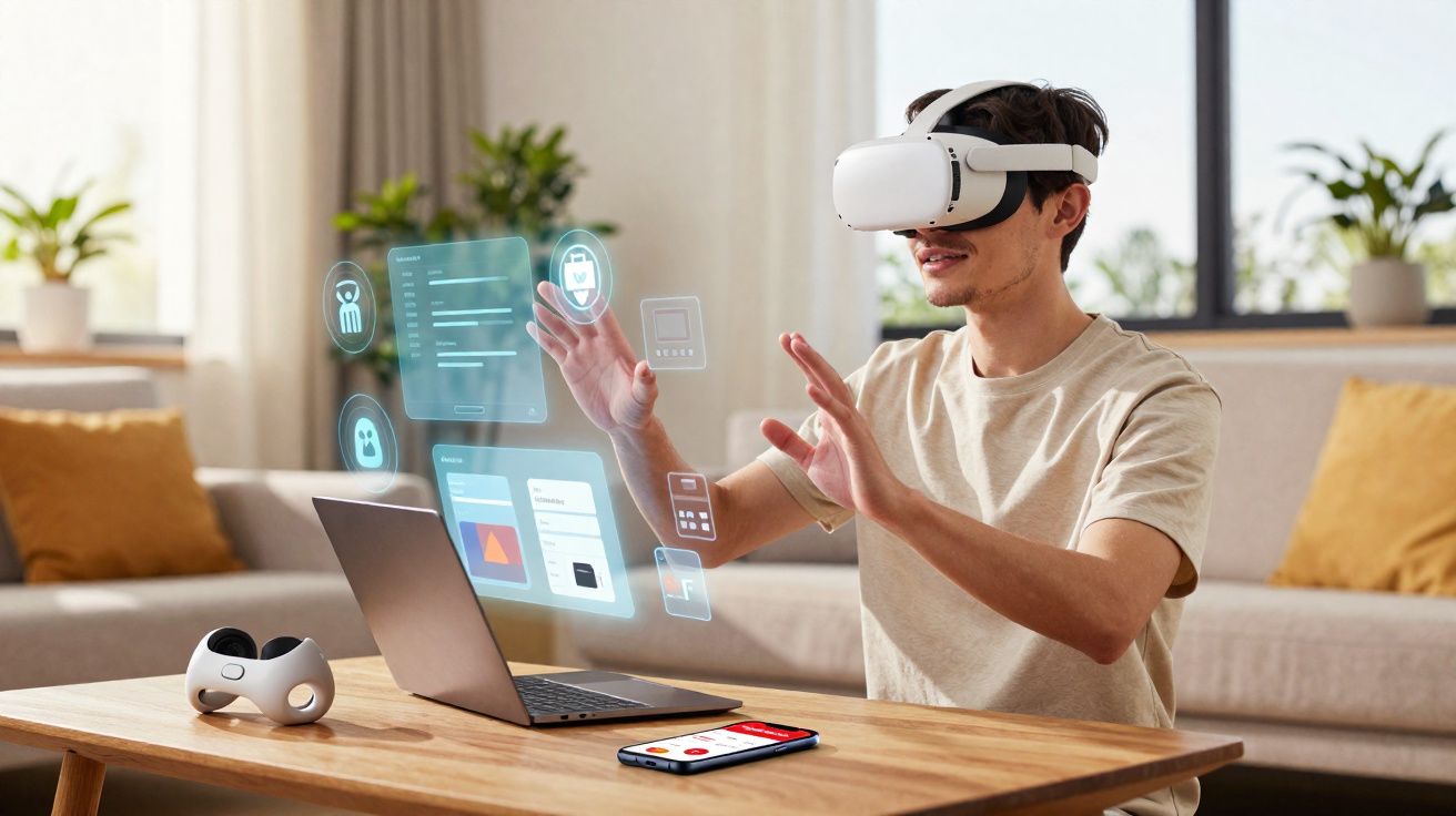 Jovem usando óculos de realidade virtual interagindo com hologramas em mesa com laptop e celular.