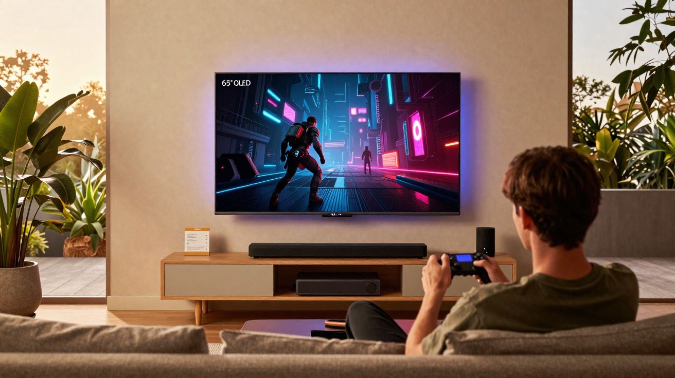 Homem sentado no sofá jogando videogame em TV OLED 65", ambiente com plantas naturais e luz natural.