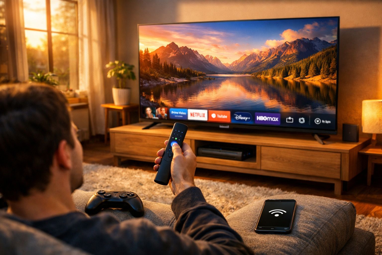 Homem assistindo TV com controle remoto, apps de streaming na tela e celular com Wi-Fi sobre sofá.