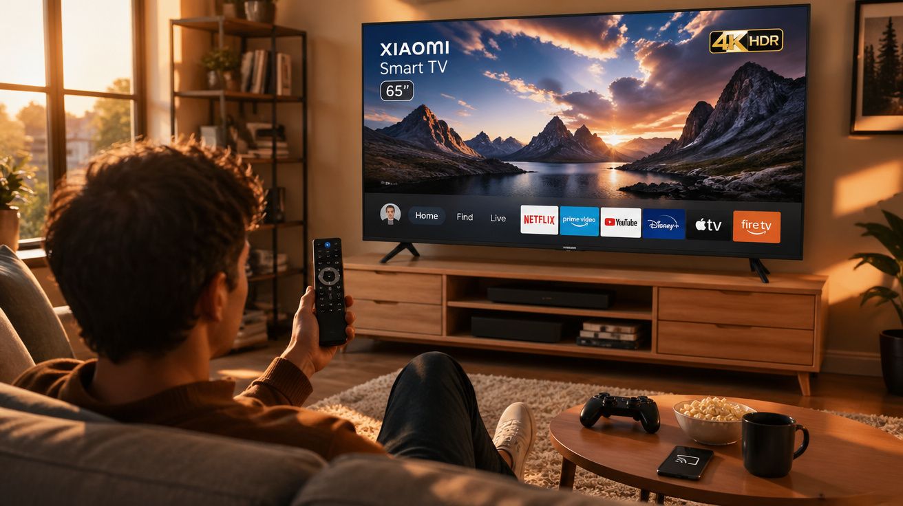 Pessoa em sofá controlando uma smart TV Xiaomi 65” 4K HDR exibindo apps de streaming na sala iluminada.