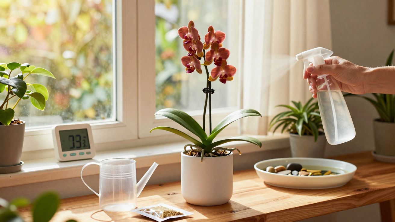 Mão borrifando água em orquídea na janela, com regador, prato de pedras e plantas ao redor.