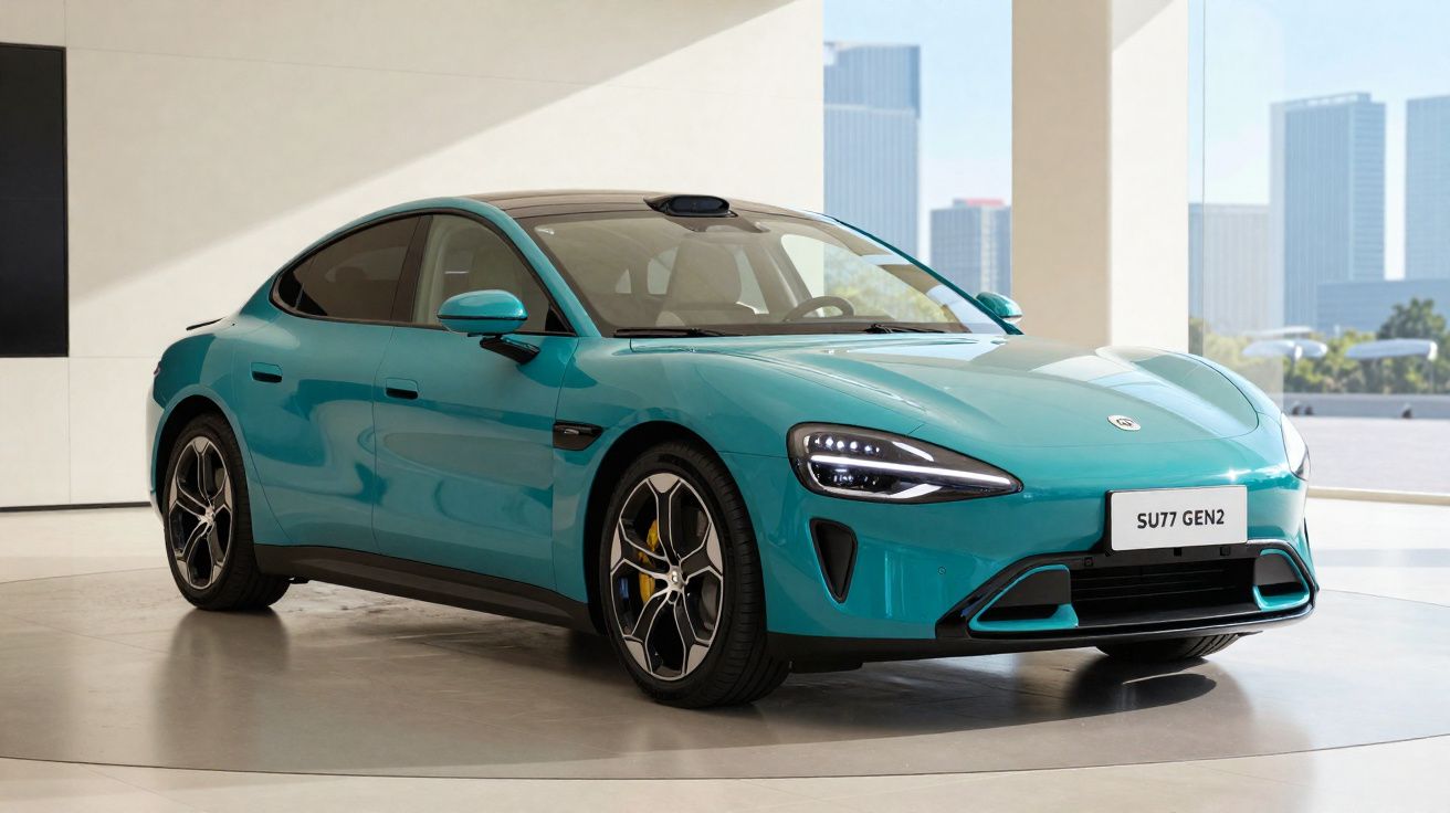 Carro elétrico azul turquesa modelo SU77 GEN2 em exposição em ambiente moderno com arranha-céus ao fundo.