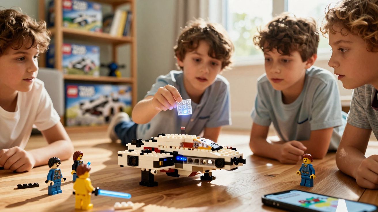 Quatro meninos brincando com brinquedo de montar e miniaturas LEGO em uma mesa de madeira em um ambiente interno.