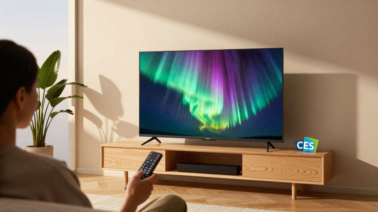 Pessoa assistindo TV com imagem de aurora boreal em sala iluminada ao pôr do sol.